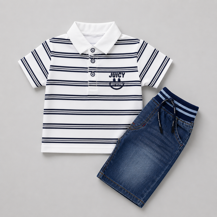 Nautical Stripe Polo Denim Shorts Set
