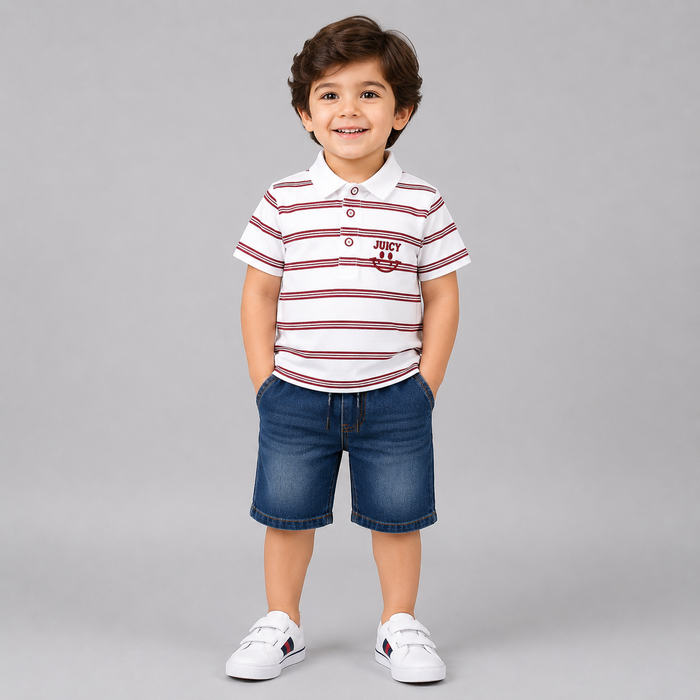 Nautical Stripe Polo Denim Shorts Set