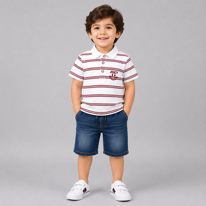 Nautical Stripe Polo Denim Shorts Set