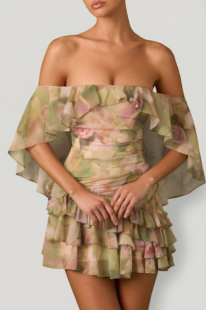 Off-Shoulder Ruffled Mini Dress in Floral Multi Print