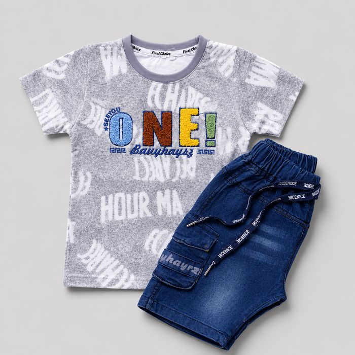 One Embroidered Denim Casual Kids Set
