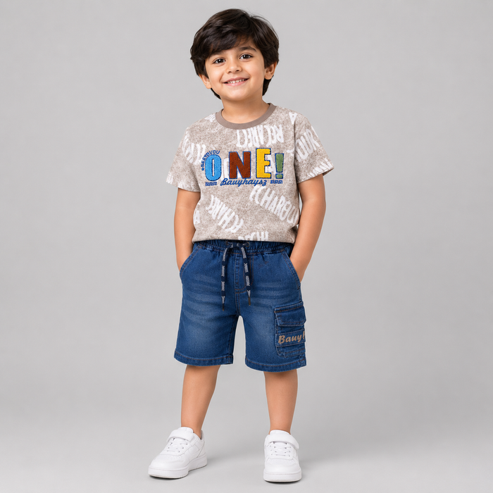 One Embroidered Denim Casual Kids Set