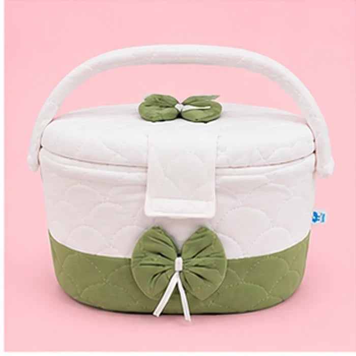 Premium Quilted Baby Care & Essentials Basket with Handle – Green & White