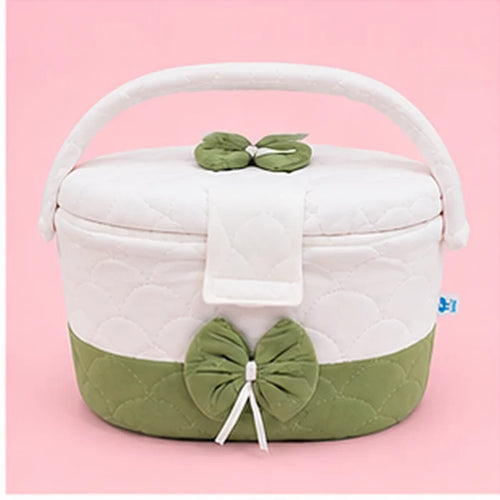 Premium Quilted Baby Care & Essentials Basket with Handle – Green & White