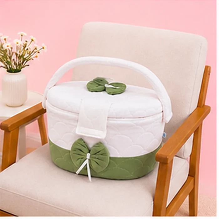 Premium Quilted Baby Care & Essentials Basket with Handle – Green & White