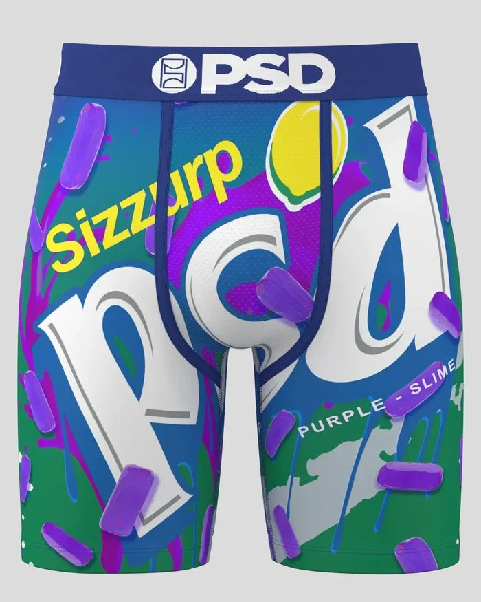PSD Purple Slime boxers, colorful men's underwear with slime design, made by PSD Underwear, shown flat on a white background.