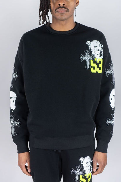 Black Rebel Minds Mask 53 crewneck sweatshirt with graphic design, soft cotton fabric, and ribbed cuffs.