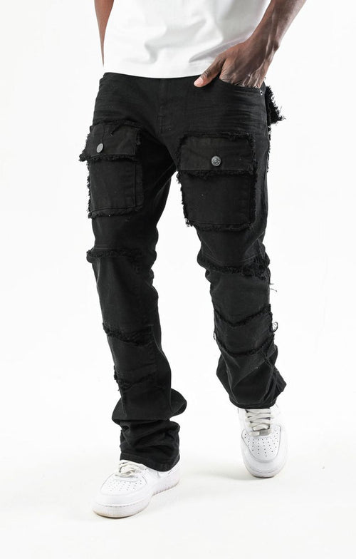 Black Spark TWill stacked flare denim jeans with multiple front and back pockets, featuring a stylish, modern design.