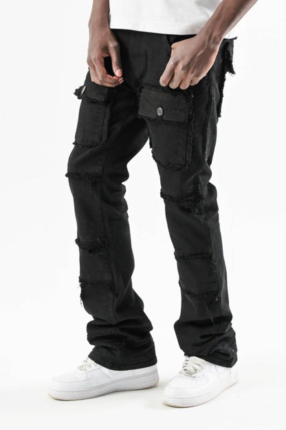 Spark 'TWill' stacked flare denim jeans in black with multiple pockets, showcasing a stylish and trendy denim design.