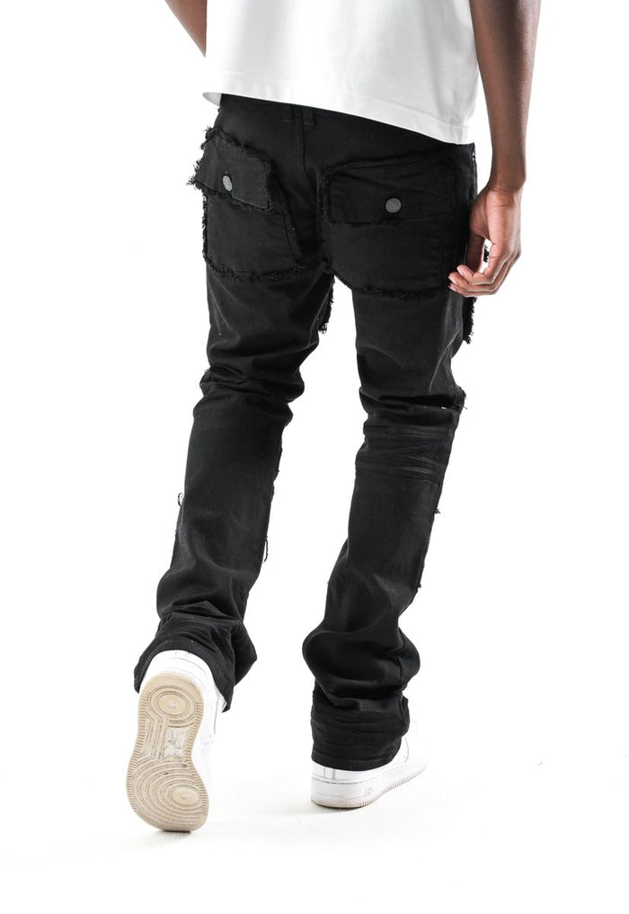 Spark 'TWill' stacked flare denim jeans in black with multi pockets, showcasing a stylish, fitted design and trendy details.