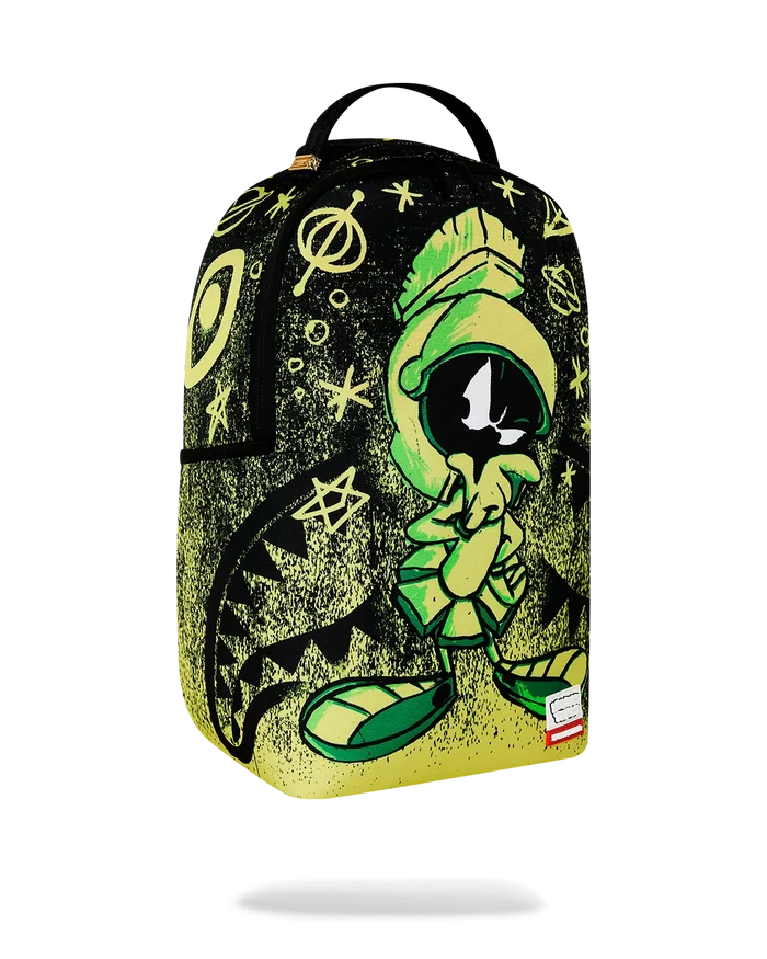 Sprayground Marvin the Martian Outta Here backpack with colorful cartoon design, adjustable straps, and front zip pocket.