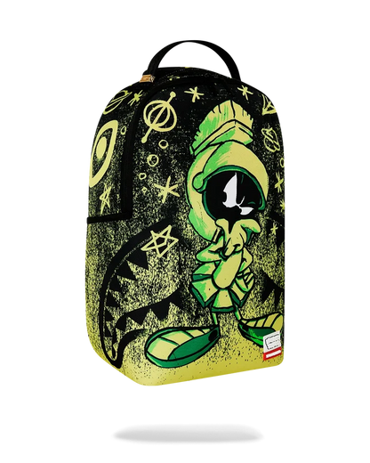 Sprayground Marvin the Martian Outta Here backpack with colorful cartoon design, adjustable straps, and front zip pocket.