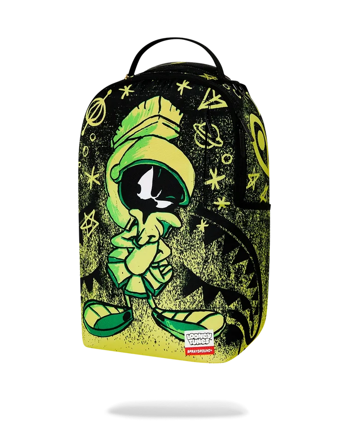 Sprayground Marvin the Martian Outta Here backpack with colorful cartoon design, adjustable straps, and front zip pocket.