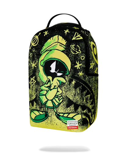 Sprayground Marvin the Martian Outta Here backpack with colorful cartoon design, adjustable straps, and front zip pocket.