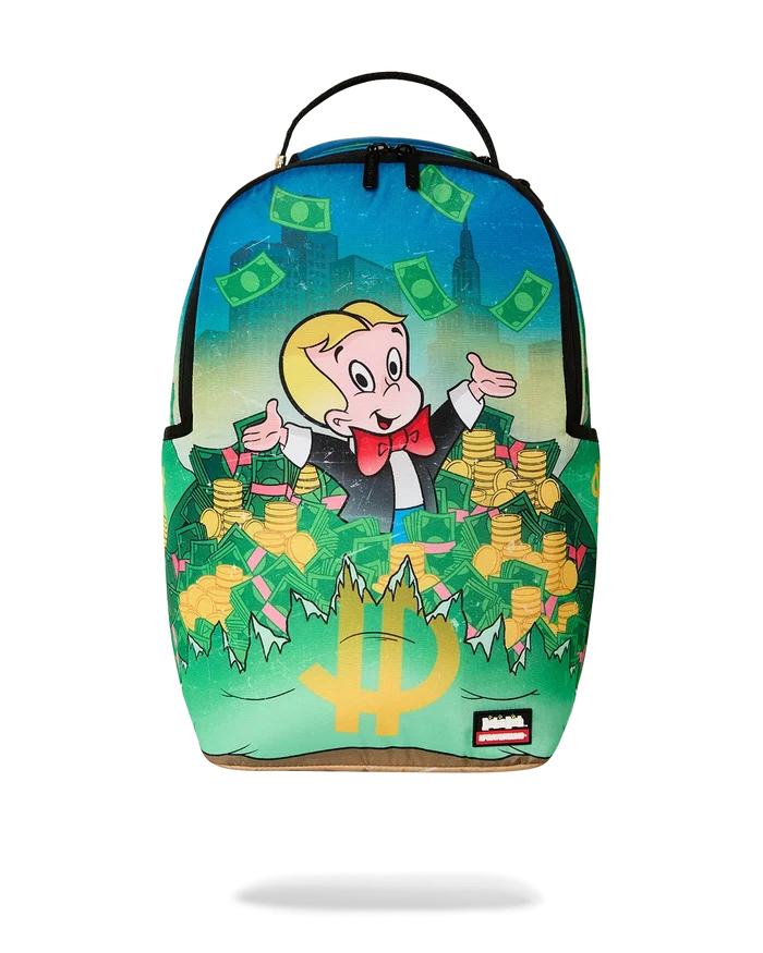Sprayground Richie Rich Shark Stacks backpack featuring colorful shark illustrations and durable adjustable straps.