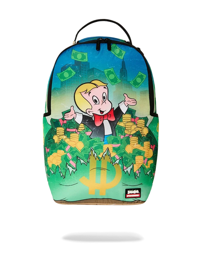 Sprayground Richie Rich Shark Stacks backpack featuring colorful shark illustrations and durable adjustable straps.