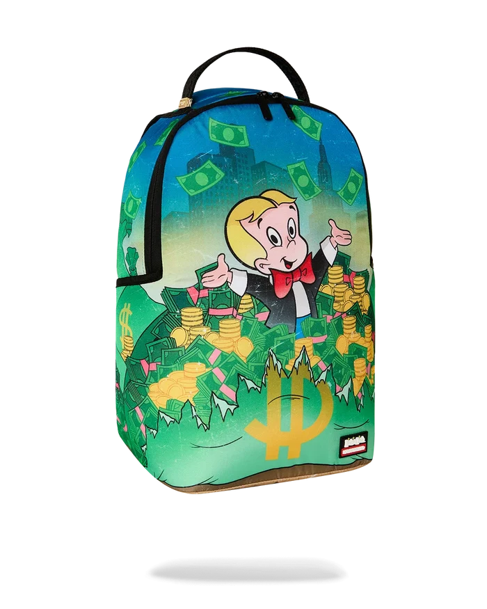 Sprayground Richie Rich Shark Stacks backpack featuring colorful shark stack design and durable accessories.