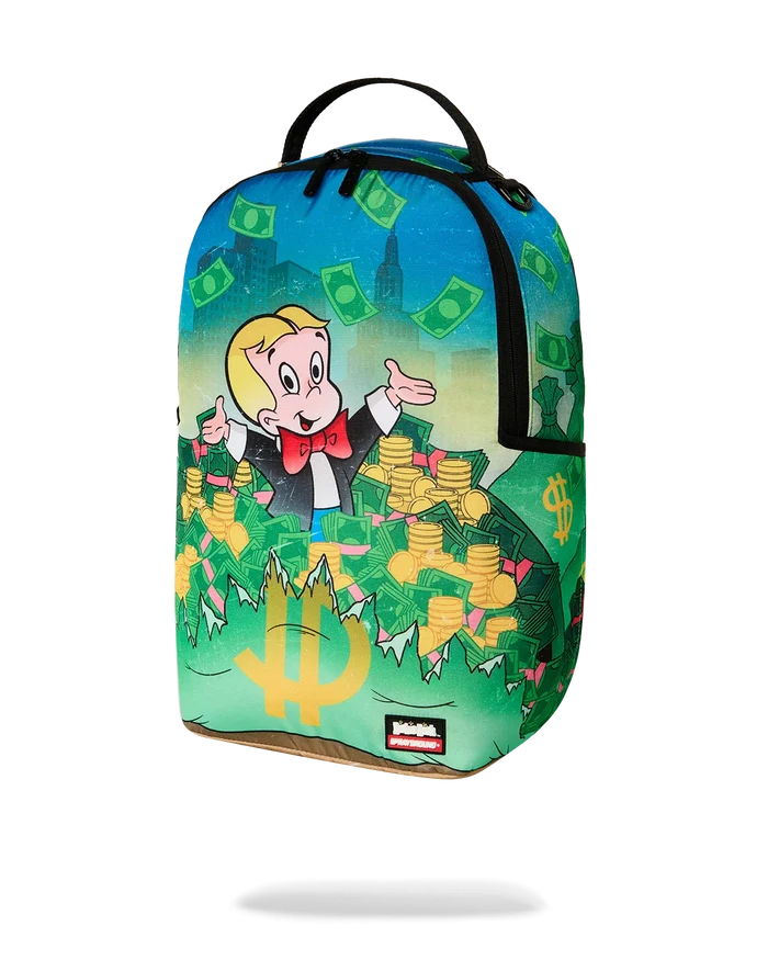 Sprayground Richie Rich Shark Stacks backpack with colorful shark design and durable straps, designed for stylish accessories.