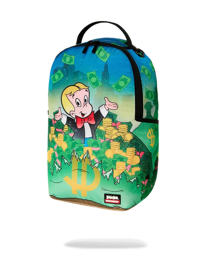 Sprayground Richie Rich Shark Stacks backpack with colorful shark design and durable straps, designed for stylish accessories.