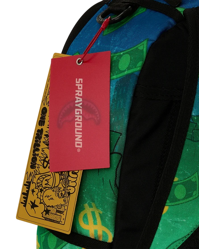 Sprayground Richie Rich Shark Stacks backpack featuring bold shark graphic and vibrant accessories on a black background.