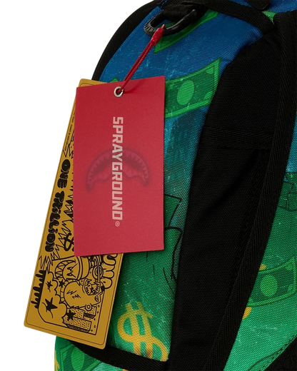 Sprayground Richie Rich Shark Stacks backpack featuring bold shark graphic and vibrant accessories on a black background.