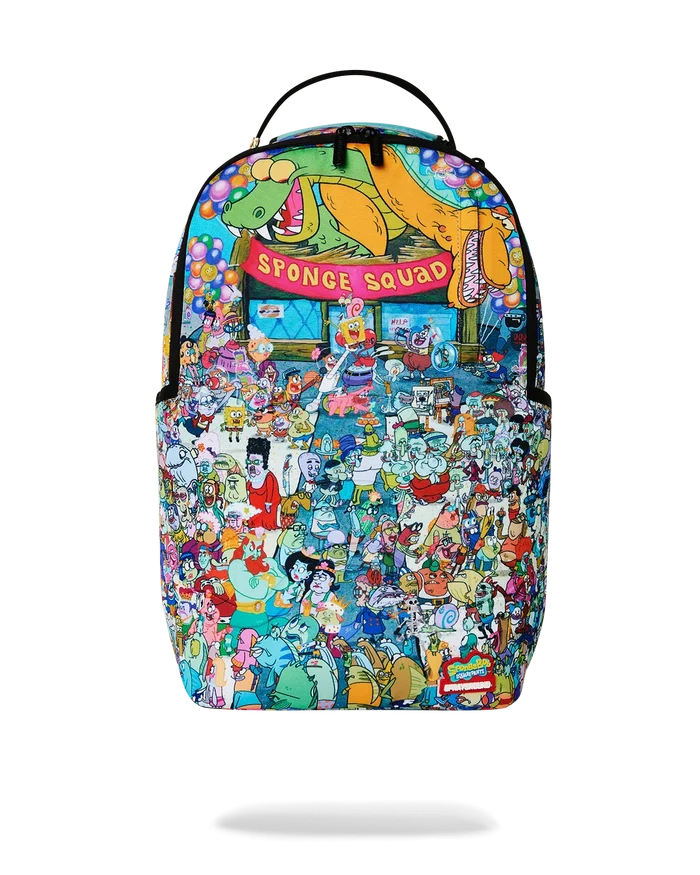 Sprayground SpongeBob Big Ocean Party backpack featuring colorful ocean and SpongeBob character design, accessories, vibrant style.