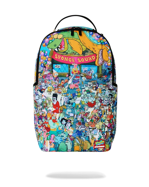 Sprayground SpongeBob Big Ocean Party backpack featuring colorful ocean and SpongeBob character design, accessories, vibrant style.