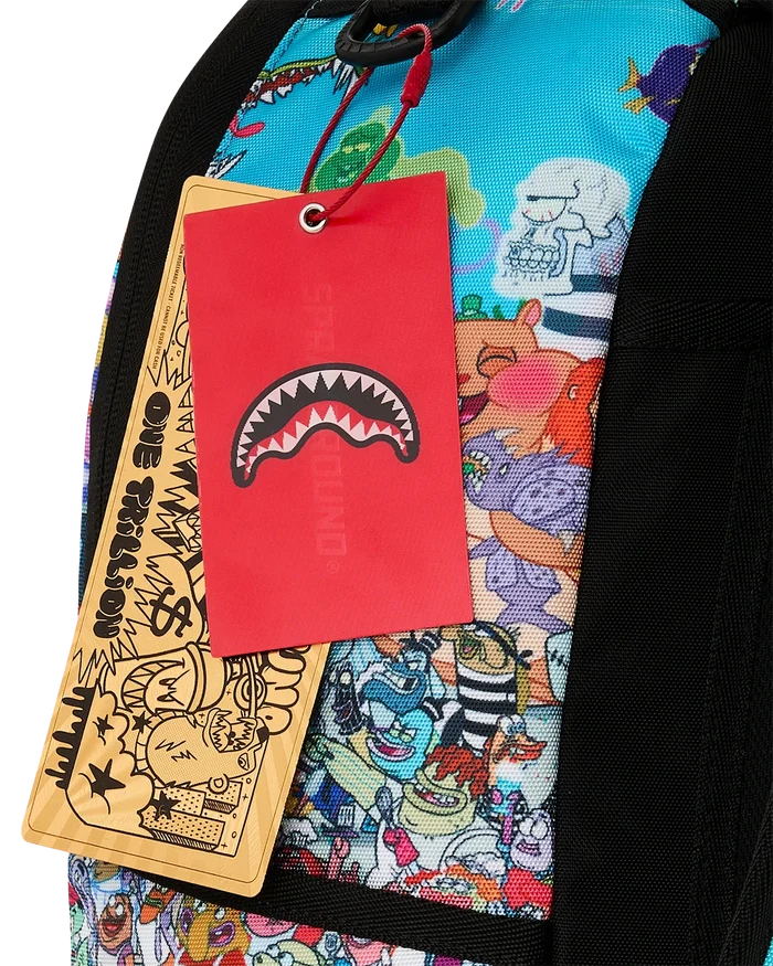 Sprayground SpongeBob Big Ocean Party backpack featuring colorful ocean-themed design and sturdy straps.