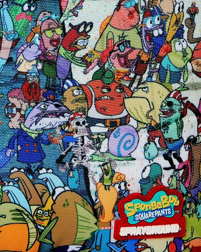 Sprayground SpongeBob Big Ocean Party backpack with colorful cartoon ocean-themed design and adjustable straps.