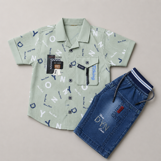 Stylish Boys Printed Shirt & Denim Shorts Set