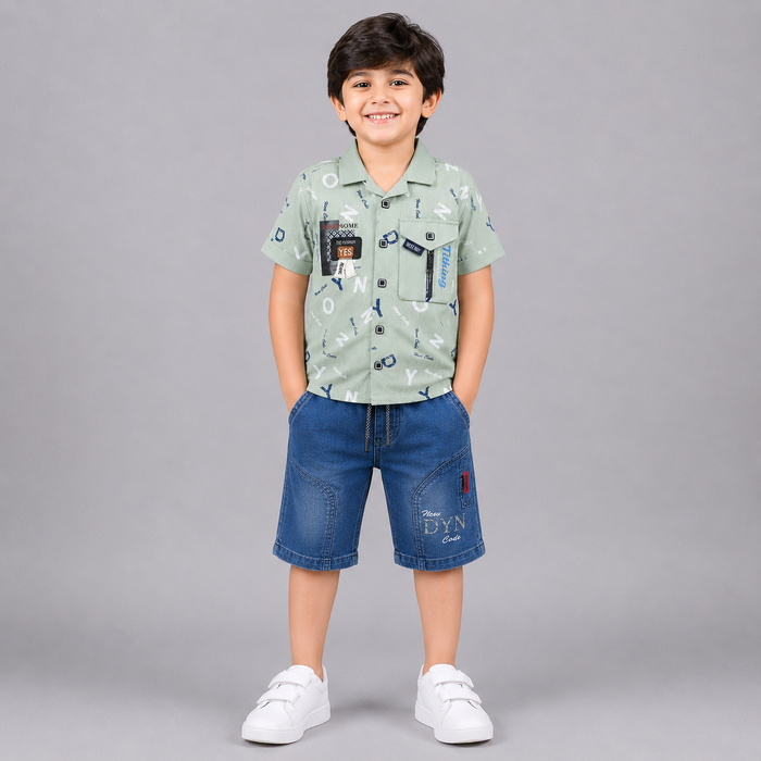 Stylish Boys Printed Shirt & Denim Shorts Set