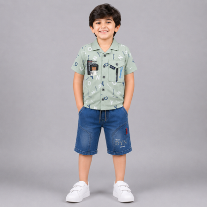 Stylish Boys Printed Shirt & Denim Shorts Set