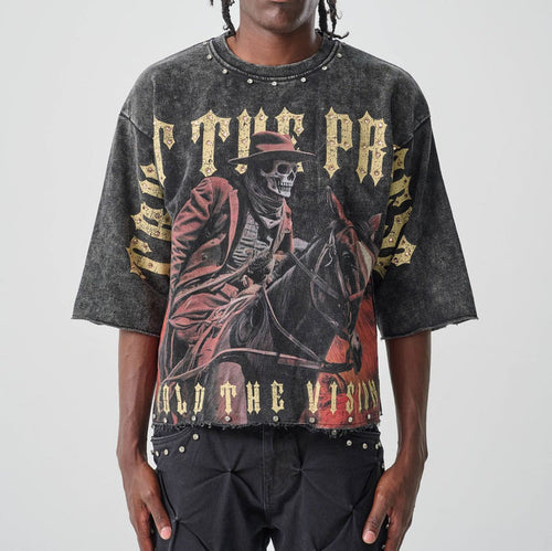 Black Taker 'Trust the Process' cropped T-shirt with graphic print, casual fit, and short sleeves.
