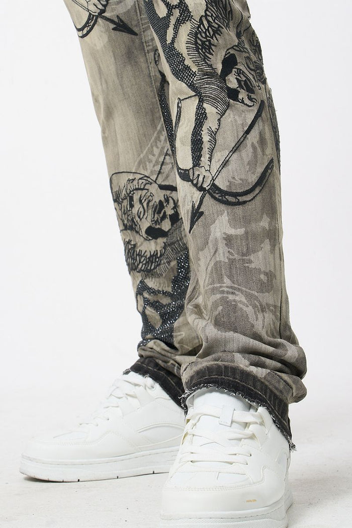 Waimea Cupid stacked rhinestone denim jeans in antique grey, showing the detailed rhinestone embellishments and classic denim fabric.